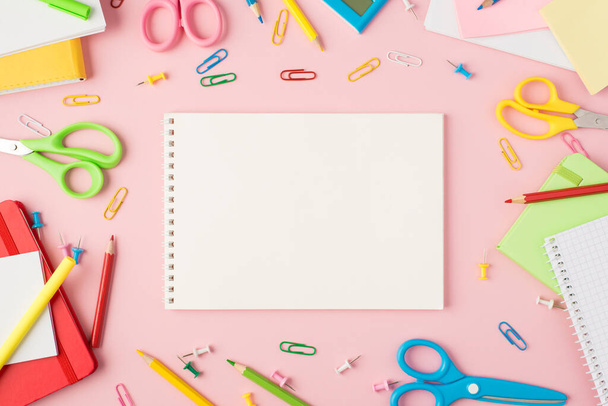 Bovenaanzicht foto van multicolor briefpapier schaar pennen potloden pinnen clips rekenmachine herinneringen en open organisator in het midden op geïsoleerde pastel roze achtergrond met lege ruimte - Foto, afbeelding