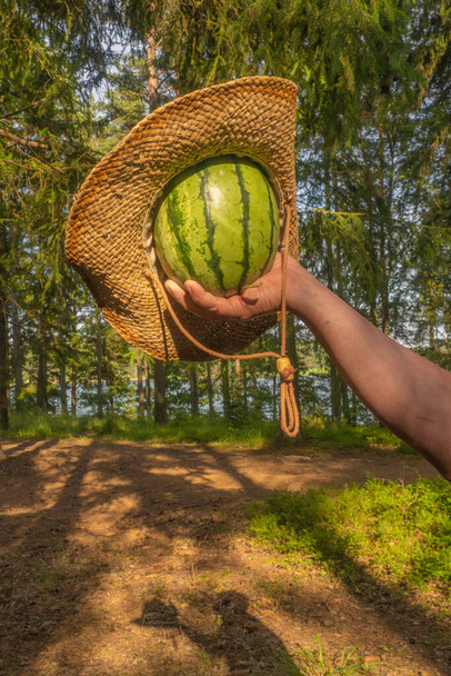 Hand hält gestreiften Wassermelonen-Strohhut Konzept Sommer hat come.Rest in der Natur heißen Sommer - Foto, Bild