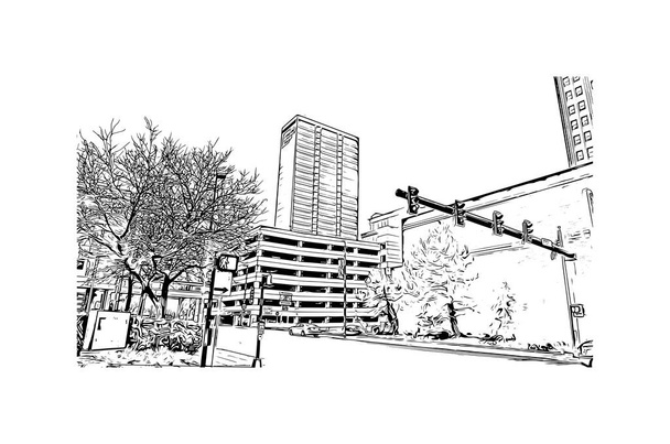 Print Building vista com marco de Fort Wayne é uma cidade no nordeste de Indiana. Desenho desenhado à mão ilustração em vetor. - Vetor, Imagem