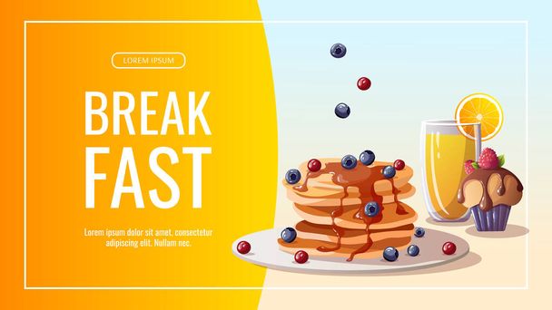 Pancakes with berries on the plate, cupcake, orange juice.  - Vector, imagen