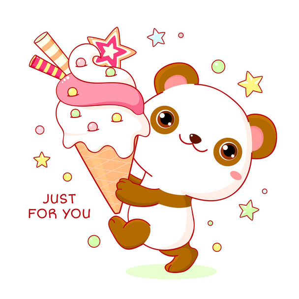 Cute yummy card in kawaii style. Lovely little panda with ice cream. Inscription Just for you. Can be used for t-shirt print, stickers. Vector illustration EPS8 - Wektor, obraz