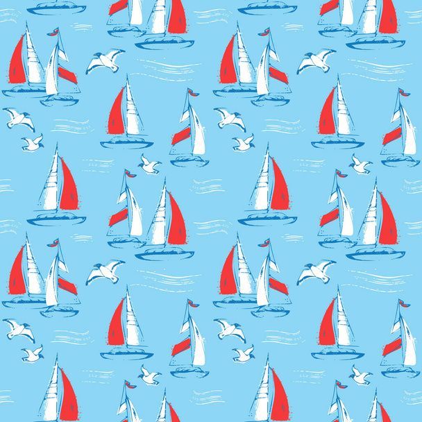 Nautical seamless pattern with sail boats and seagulls. Sea background. Vector illustration. - Vettoriali, immagini