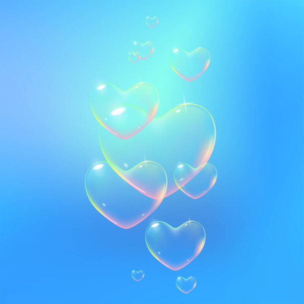 Beautiful blue background with rainbow colored heart-shaped soap bubbles. Vector illustration - Vettoriali, immagini