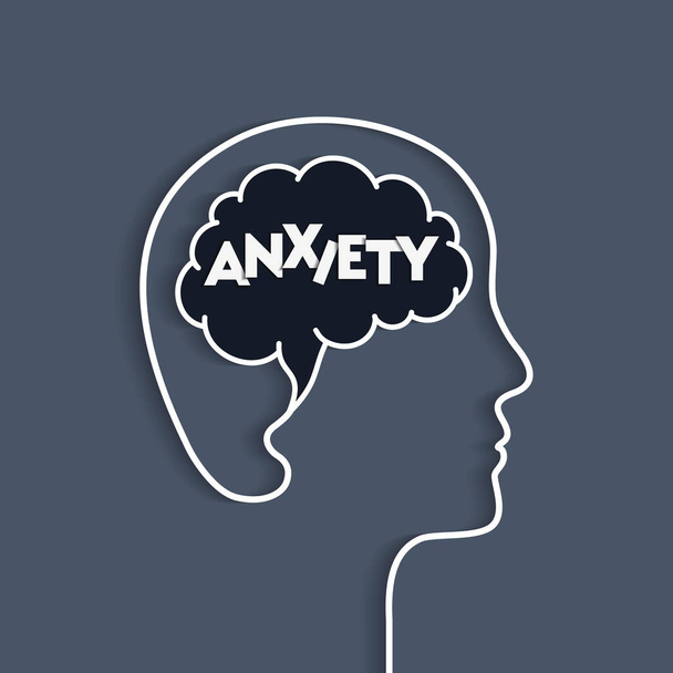 Anxiety concept with human head and brain silhouette. Being anxious, having dark thoughts, mental problems Vector illustration in papercut art. Word lettering typography. - ベクター画像