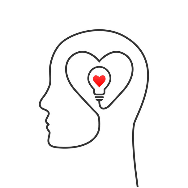 Tunteet ja ajattelu konsepti hehkulamppu, sydämen muoto ja ihmisen pään ääriviivat - Vektori, kuva