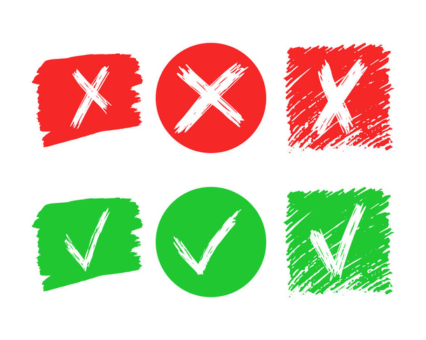 Set de seis elementos de jaque y cruz dibujados a mano aislados sobre fondo blanco. Grunge garabato verde marca de verificación OK y rojo X en diferentes iconos. Ilustración vectorial - Vector, Imagen