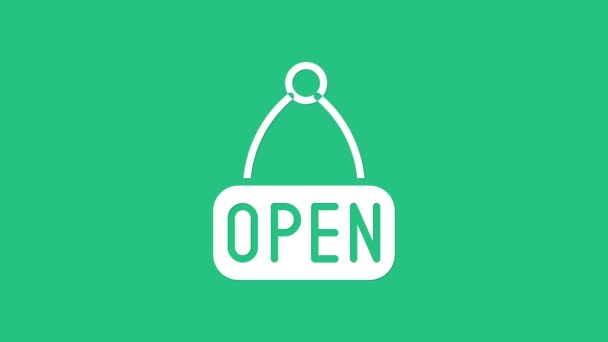 Cartel colgante blanco con texto Icono de puerta abierta aislado sobre fondo verde. Animación gráfica de vídeo 4K - Metraje, vídeo
