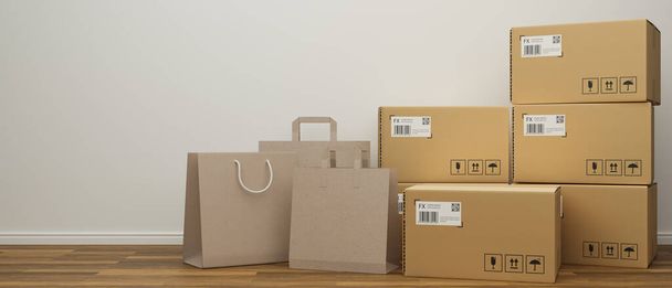 Bolsas de compras y cajas de cartón apiladas en el suelo de madera con fondo de pared blanco, representación 3D, ilustración 3D - Foto, Imagen