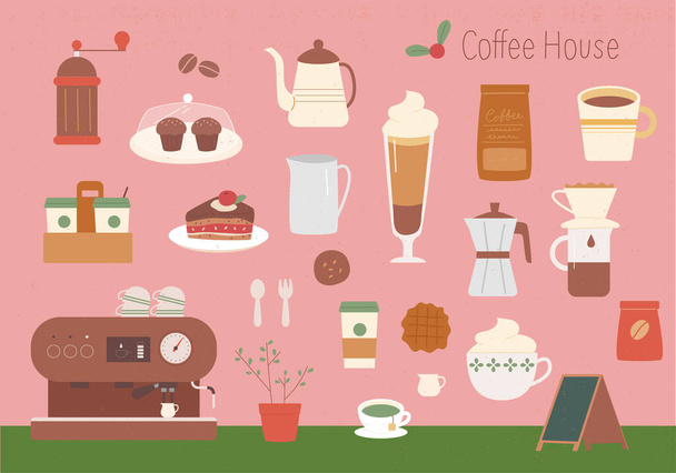 A collection of drinks and objects in the cafe. - Vector, Image