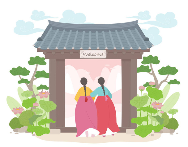 Две девушки в традиционных корейских костюмах входят через традиционные корейские ворота. - Вектор,изображение