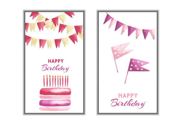Set di acquerello Buon compleanno auguri card design. Celebrazione colorate illustrazioni vettoriali con torta di compleanno, palloncini e stelle. - Vettoriali, immagini