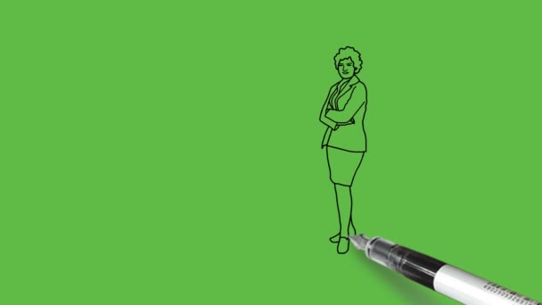 Soyut yeşil arkaplanda siyah, kahverengi, gri, mavi ve beyaz renk kombinasyonuyla kadın iş toplantısı çiziliyor - Video, Çekim