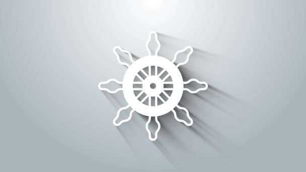 Biała ikona koła kierownicy statku izolowana na szarym tle. 4K Animacja graficzna ruchu wideo - Materiał filmowy, wideo
