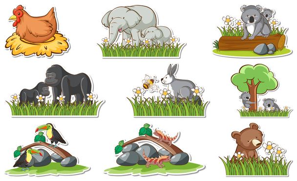 Sticker set with different wild animals and nature elements illustration - Vector, Image