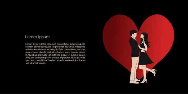 Liebespaar vor dem Hintergrund eines riesigen Herzens, dem Thema Liebe und Leidenschaft. Vektor in rot-schwarzen Farben. Vector Template mit Kopierplatz für Einladungen, Karten oder Banner und Poster, Landing Page  - Vektor, Bild
