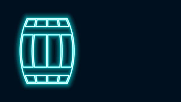 Glowing neon line Wooden barrel icon isolated on black background. Alcohol barrel, drink container, wooden keg for beer, whiskey, wine. 4K Video motion graphic animation - Footage, Video