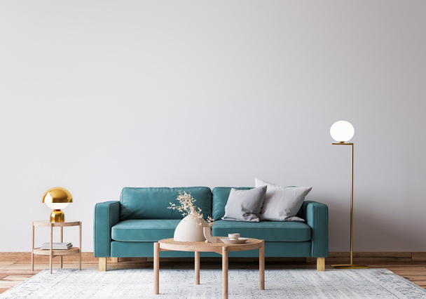 Diseño de sala de estar brillante escandinavo, sofá azul con muebles de madera natural, 3d render - Foto, imagen