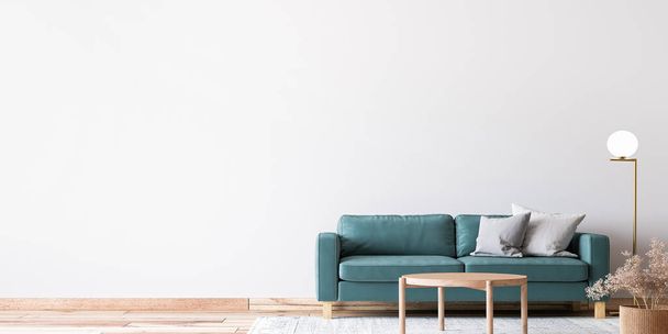 Skandinávský světlý obývací pokoj design, modrá pohovka s přírodním dřevěným nábytkem, 3d vykreslení - Fotografie, Obrázek