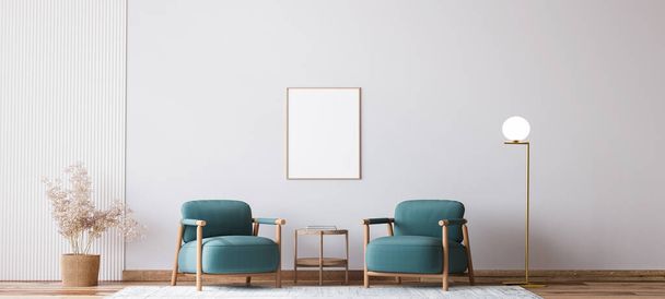 Scandinavische lichte woonkamer design, blauwe fauteuils met natuurlijke houten meubels, 3d render - Foto, afbeelding