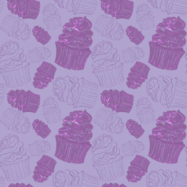 Purple seamless pattern with contour illustrations of the shiny line cupcake - Φωτογραφία, εικόνα
