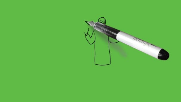 Zicht maken op een persoon die een karton toont aan een man in zwart-blauwe kleurencombinatie jurk op abstracte groene achtergrond - Video