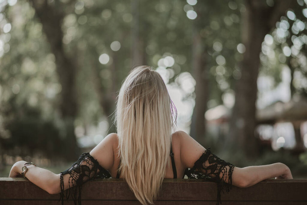 A back view of a sexy blonde female posing on a wooden bench in a park - Fotó, kép