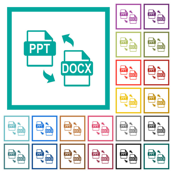 PPT DOCX bestand conversie platte kleur pictogrammen met kwadrant frames op witte achtergrond - Vector, afbeelding