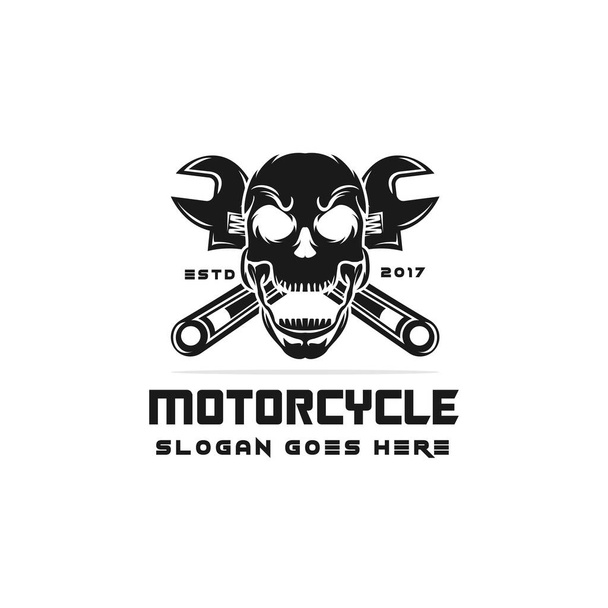 オートバイのロゴ、ベクトルテンプレート、アイコンシンボルヴィンテージロゴのための頭蓋骨とレンチのロゴモノクロ - 写真・画像