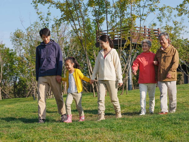 A happy family of five walking in the park - Foto, imagen