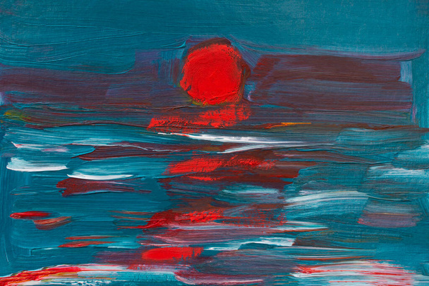 Ηλιοβασίλεμα τυρκουάζ θάλασσα ζωγραφική καμβά. Ο κόκκινος στρογγυλός ήλιος δύει κάτω από τον ορίζοντα. Αφηρημένο υπόβαθρο τέχνης. Ιμπρεσιονισμός, ρομαντική απεικόνιση ενός κόκκινου ηλιοβασιλέματος. Σχεδιασμός άλμπουμ, σχεδιαγράμματα - Φωτογραφία, εικόνα