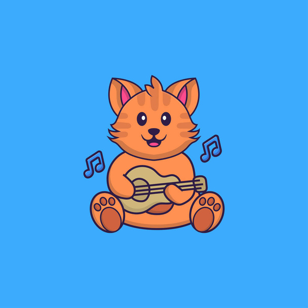 Lindo gato tocando la guitarra. Animal concepto de dibujos animados aislado. Se puede utilizar para camiseta, tarjeta de felicitación, tarjeta de invitación o mascota. - Vector, imagen