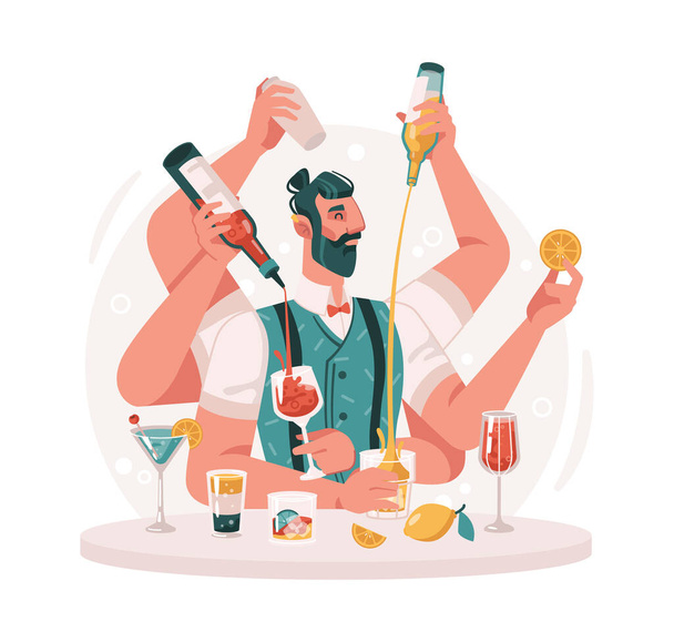 Skillful bartender make cocktails, virtuoso barman - Vector, afbeelding