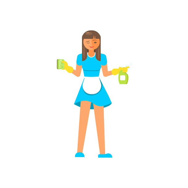 Pulitore femminile amichevole con detergenti vestiti con abiti da lavoro - Vettoriali, immagini