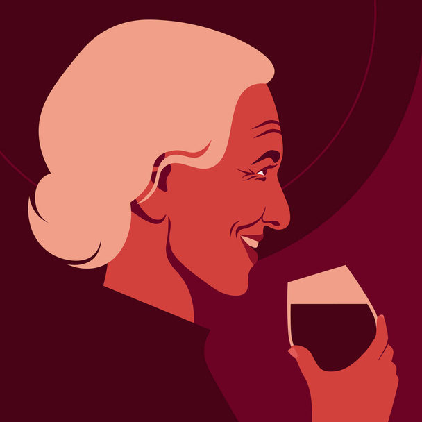 Η ηλικιωμένη γυναίκα κρατάει το ποτήρι με το κόκκινο κρασί. Το προφίλ του σομελιέ. Διανυσματική επίπεδη απεικόνιση - Διάνυσμα, εικόνα