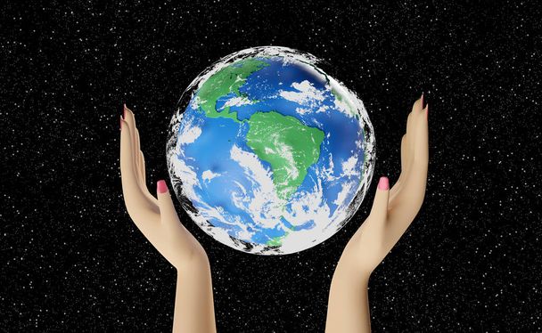 manos de mujer sosteniendo planeta mundo con el fondo del espacio. Ilustración 3d o renderizado 3d - Foto, imagen