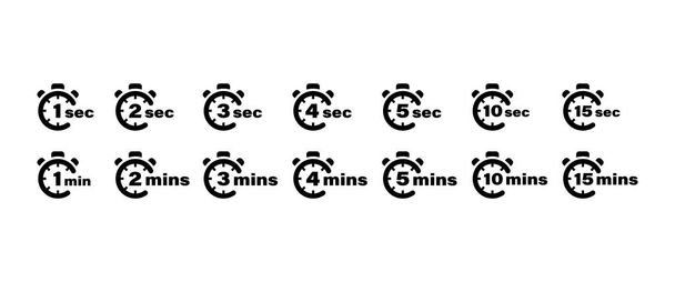 Ikony vektorů časovače nastaveny. 1, 2, 3, 4, 5, 10 a 15 sekund a minut stopky symboly Vektorové znázornění EPS 10 - Vektor, obrázek