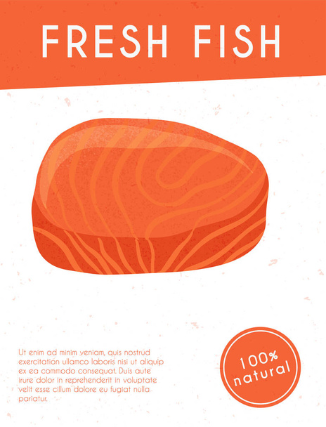 Fresh tasty tuna fillet, sea fishes vector hand drawn poster design with space for text. - Vector, Image