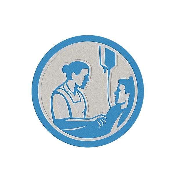 Enfermera metálica atendiendo enfermo paciente círculo retro
 - Foto, Imagen