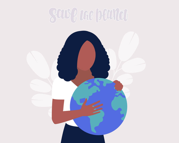Save the planet concept. Woman holding the planet. Colorful flat vector illustration. - Vettoriali, immagini