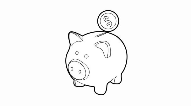 Piggy Bank Icon. Vector en blanco y negro ilustración aislada de una alcancía con una moneda - Vector, imagen