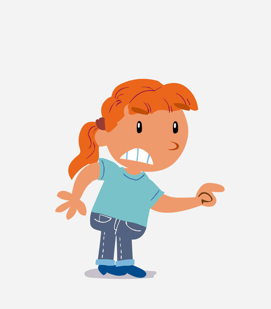 rajzfilm karakter kislány farmerben mutat valamit agresszívan - Vektor, kép