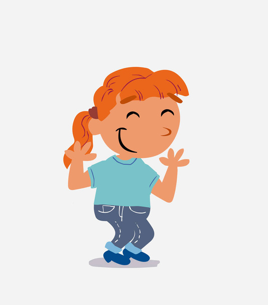 Zeichentrickfigur des kleinen Mädchens auf Jeans schrumpft etwas schüchtern - Vektor, Bild