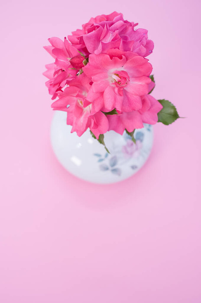 Beautiful pink geraniums flowers in a vase on a pink surface - Foto, afbeelding