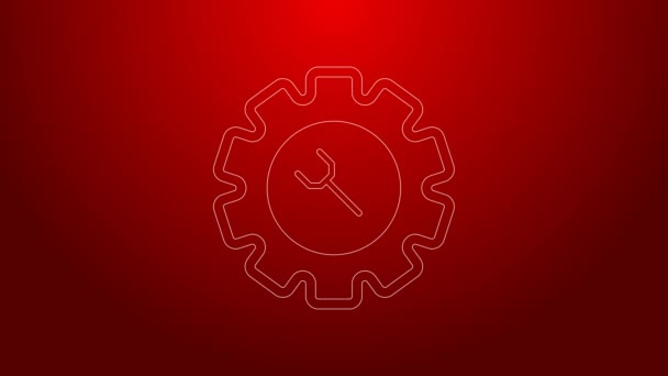 Green line Wrench and gear icon isolated on red background. Adjusting, service, setting, maintenance, repair, fixing. 4K Video motion graphic animation - Filmagem, Vídeo