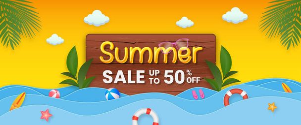Summer sale promotion banner template with wood and tropical leaves - Vector, Image