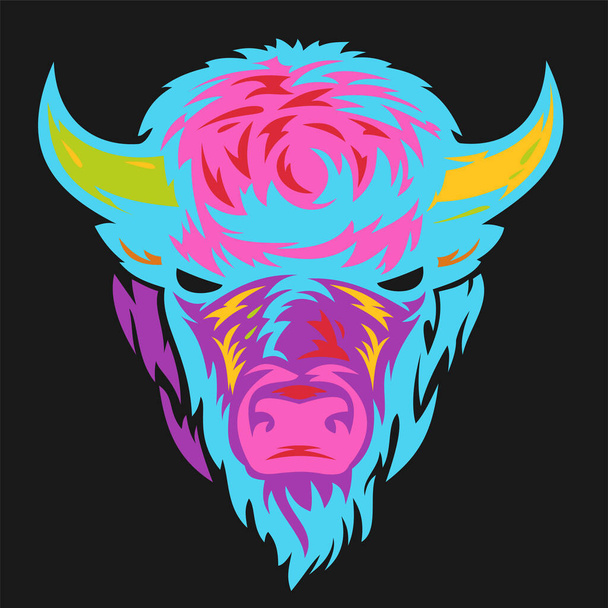 Buffalo head in hand drawn sketch color style isolated on black background. Modern pop art graphic design element for label or poster. Vector illustration. - Vektor, kép