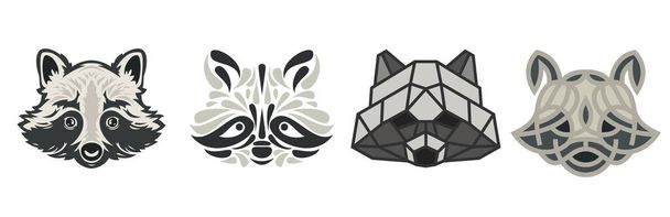 Collection silhouettes of raccoon head in color different styles isolated on white background. Modern graphic design element for label, print or poster. Vector art illustration. - ベクター画像