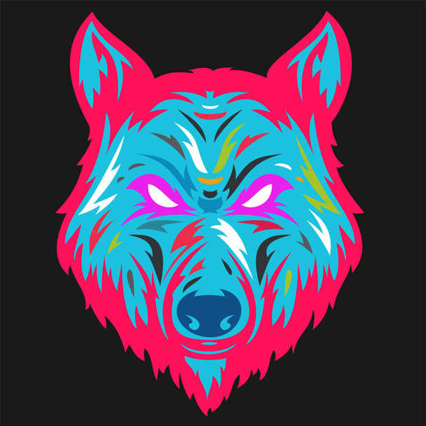 Wolf head in hand drawn sketch color style isolated on black background. Modern pop art graphic design element for label or poster. Vector illustration. - ベクター画像