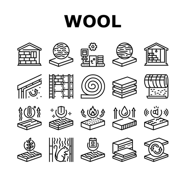 Mineral Wool Material Collection Icons Set Vector. Glass And Basalt Mineral Wool, Thermal And Noise Insulation, Fire Resistance And Strength Black Contour Illustrations - Vector, Image