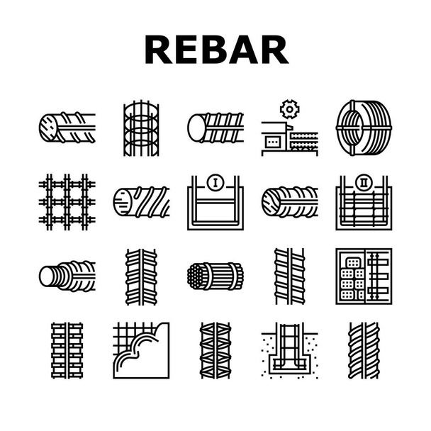 Sbírka stavebních ikon Rebar Sada vektorů. Závitové a tvrzené ocelové tvarovky, výroba kovových a čedičových výztuží, betonové podlahy a černé obrysy stěn - Vektor, obrázek